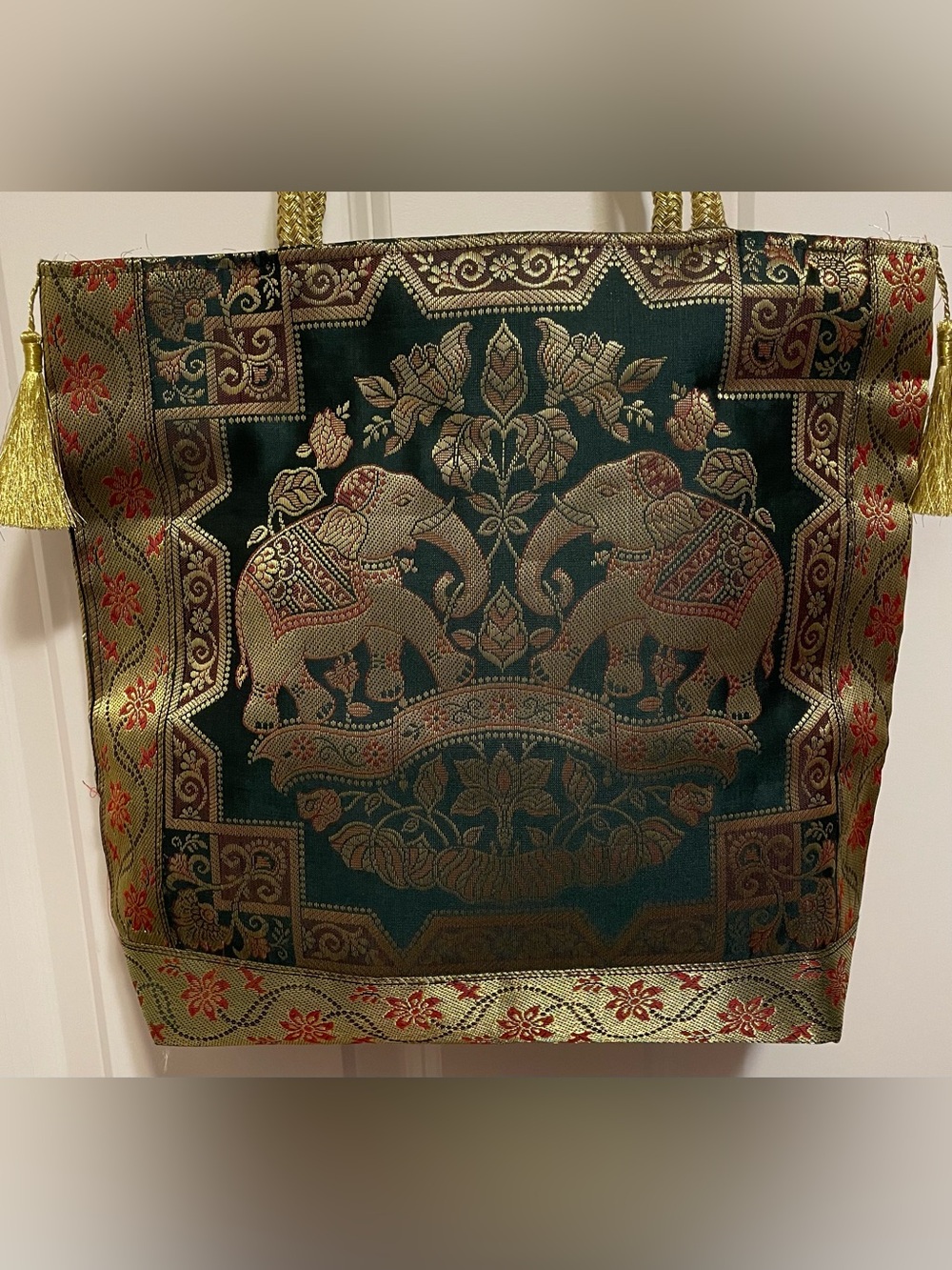 Unused Thai Silk Brocade Elephant Tote Bag Gold Metallic